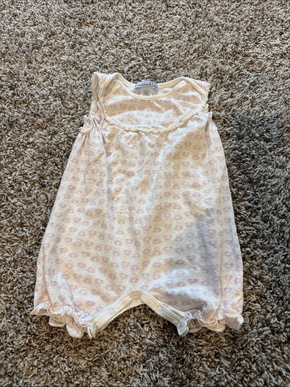 Feather Baby Pima cotton white & lavender Ruffle Baby Girl Romper 12mo